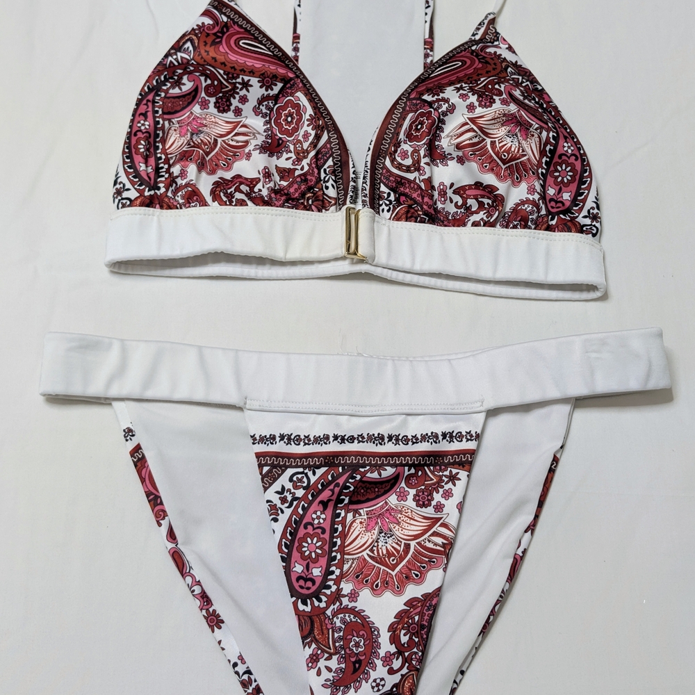 Paisley Print White & Pink Triangle Bikini Set